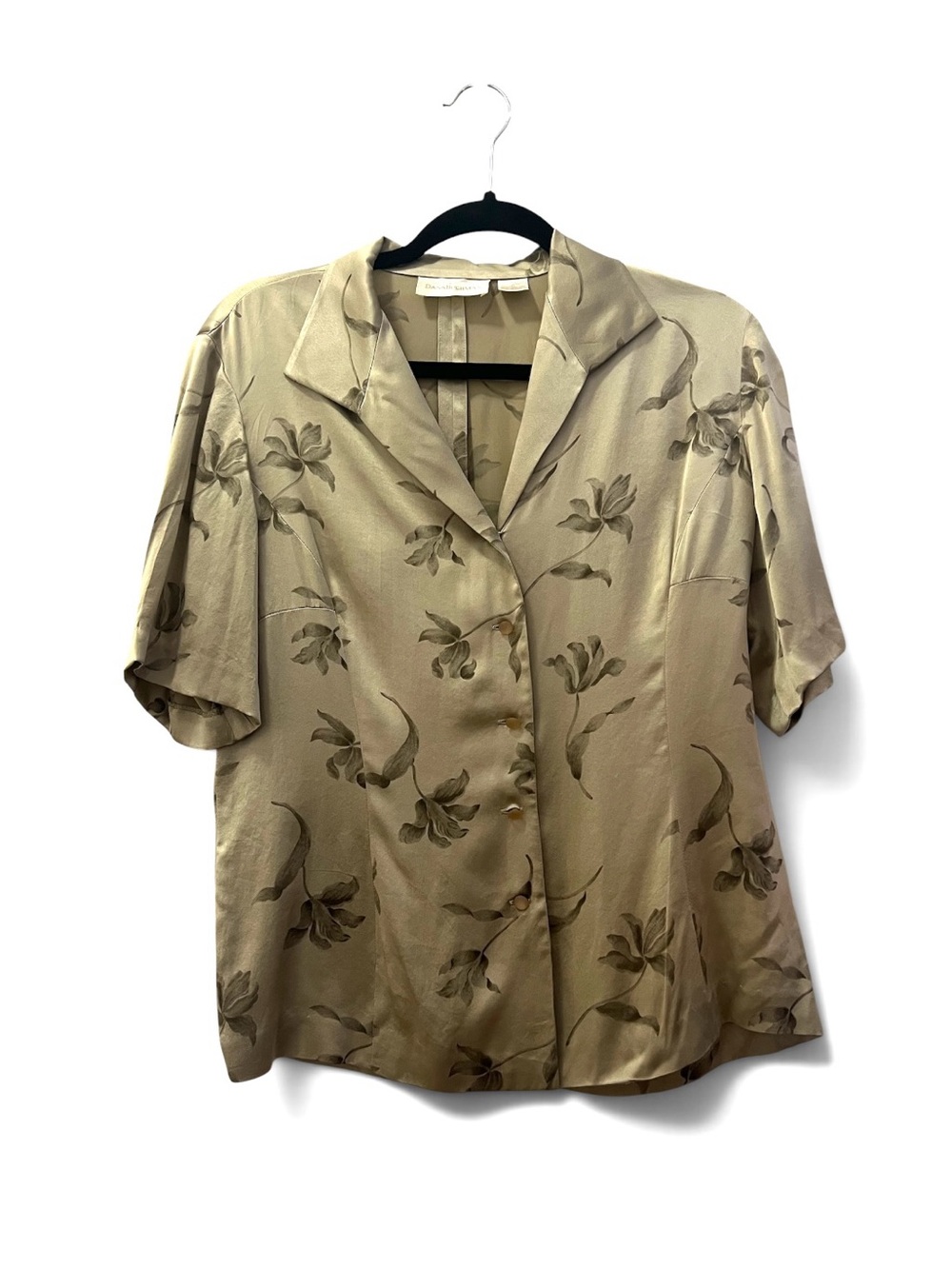 Dana Buchman 100% Silk SatinTaupe Floral Button-Down Short Sleeve Blouse 8